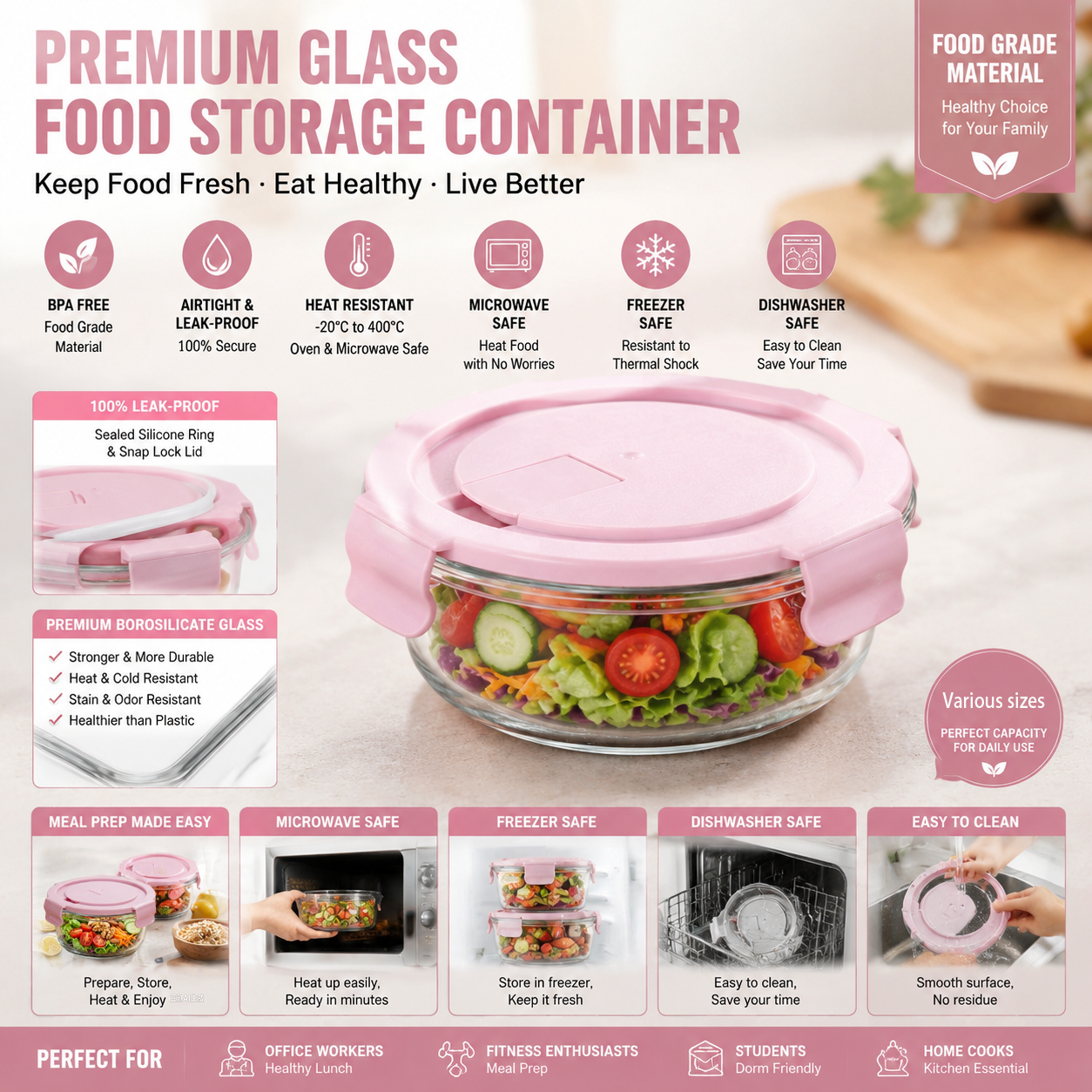 Food Storage With Lock - Pink Cartoon Sushi Round Glass Lunch