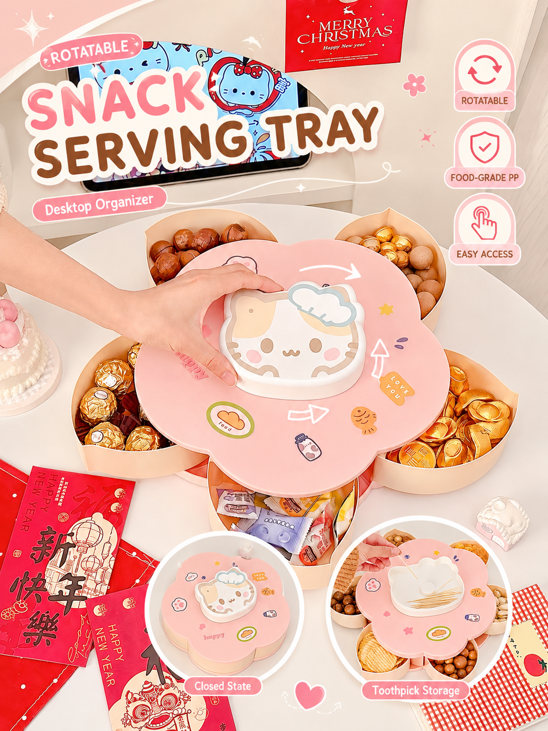 Food Storage With Dividers - Rotatable Cute Cartoon Divided Snack Storage