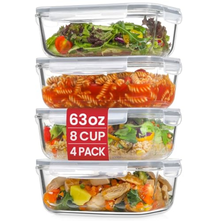 4 Pack 8 Cups/ 63oz Large Glas - Food Storage Plastic Containers With Lids recension och pris