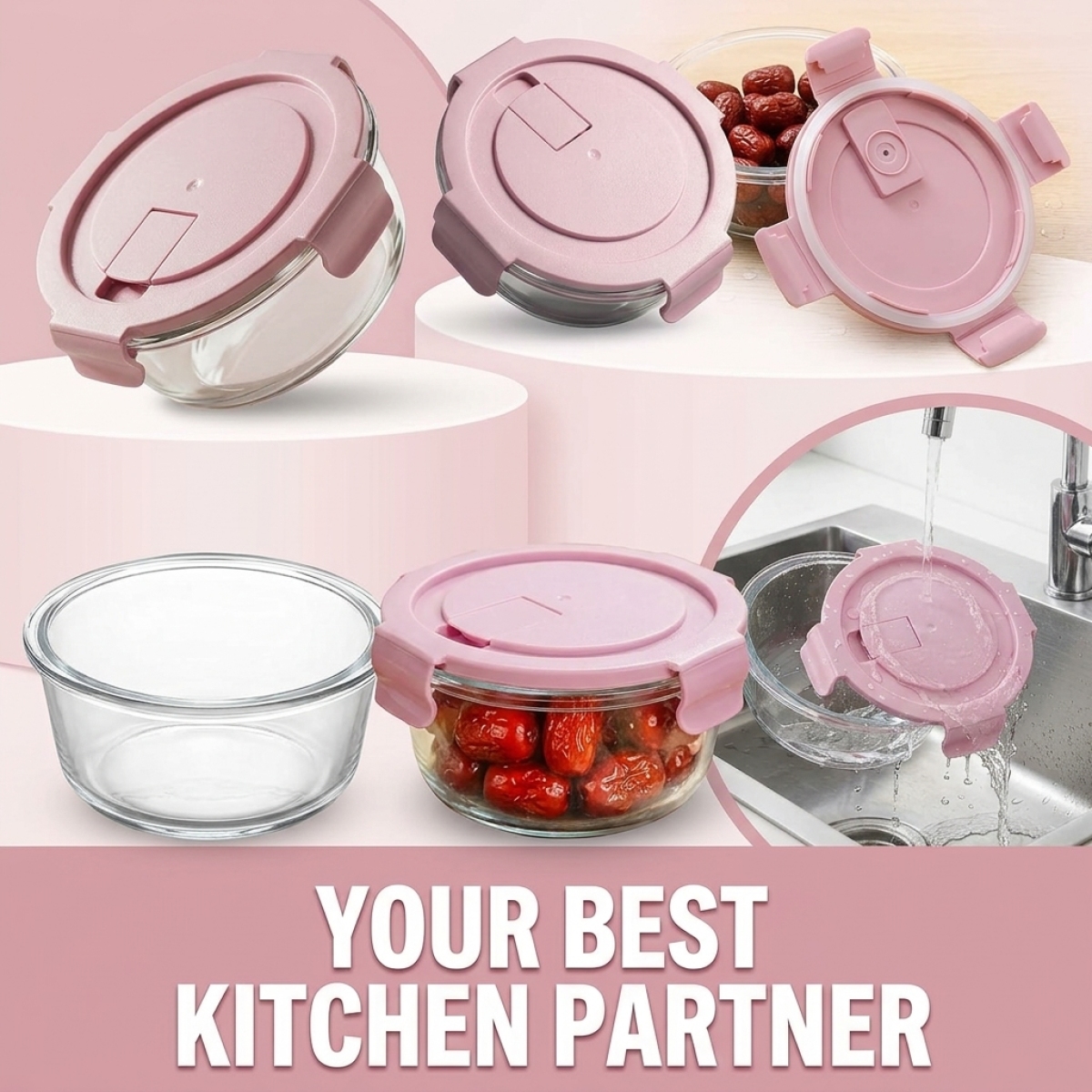 Pink Cartoon Sushi Round Glass - Food Storage With Lock recension och pris